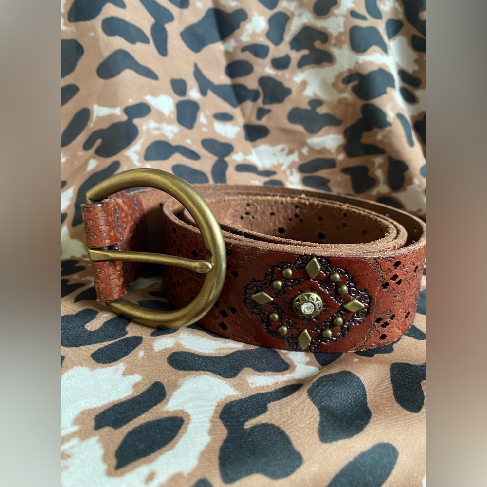 Brown Fossil leather & crystal belt